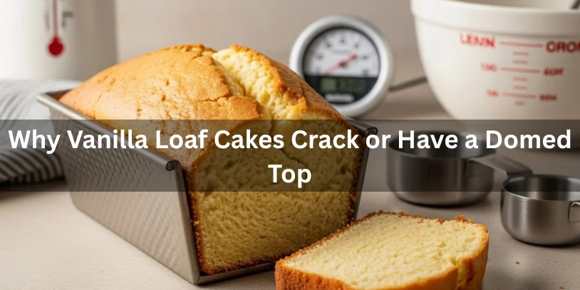 Diagram explaining why vanilla leaf cakes crack or dome, highlighting factors like temperature and batter consistency.
-vanilla loaf cake