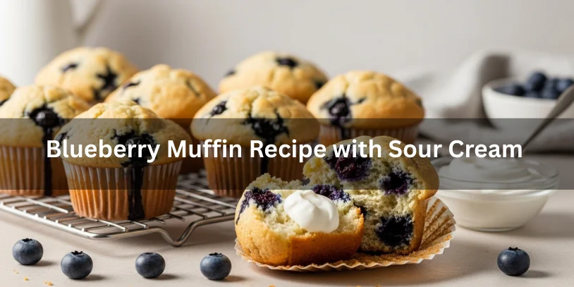 Bakery-style blueberry muffins made with sour cream, showing moist crumb and juicy blueberries, realistic food photography for a blueberry muffin recipe with sour cream.-blueberry muffin recipe with sour cream
