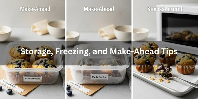 Blueberry muffins stored at room temperature, in the freezer, and ready for reheating, realistic food photography showing storage, freezing, and make-ahead tips.-blueberry muffin recipe with sour cream 