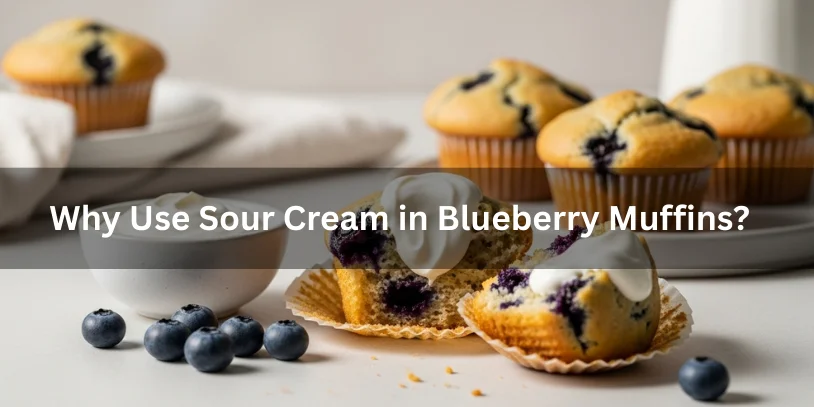 Blueberry muffins made with sour cream showing a moist crumb, realistic food photography explaining why sour cream is used in blueberry muffin recipes.-blueberry muffin recipe with sour cream 