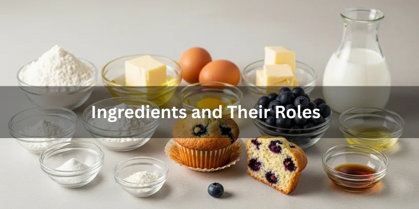 Blueberry muffin ingredients arranged in bowls with a finished muffin, realistic food photography explaining the role of each ingredient in blueberry muffins with sour cream.-blueberry muffin recipe with sour cream 