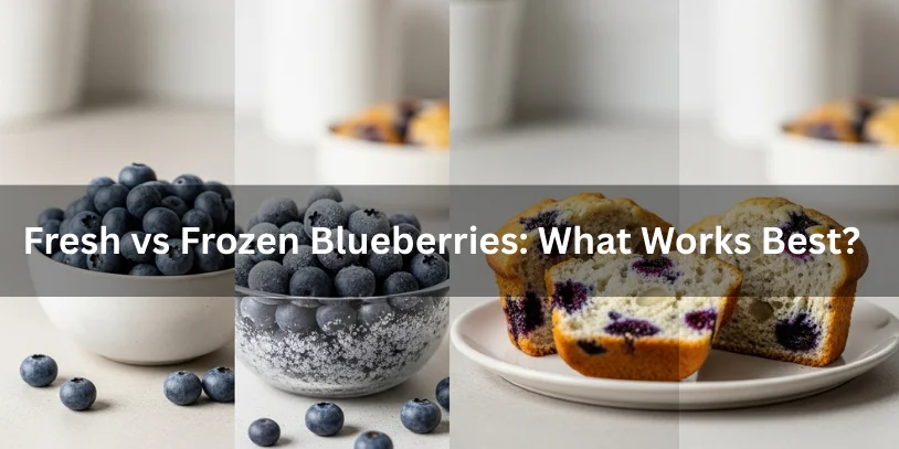 Fresh blueberries and frozen blueberries shown side by side with baked muffins, realistic food photography comparing which blueberries work best for baking.-blueberry muffin recipe with sour cream 