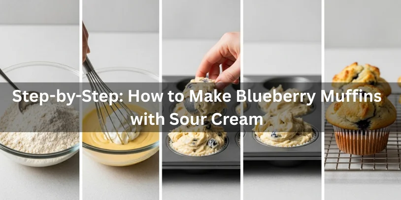 Step-by-step process showing how to make blueberry muffins with sour cream, from mixing batter to baking moist, domed muffins, realistic food photography-blueberry muffin recipe with sour cream 