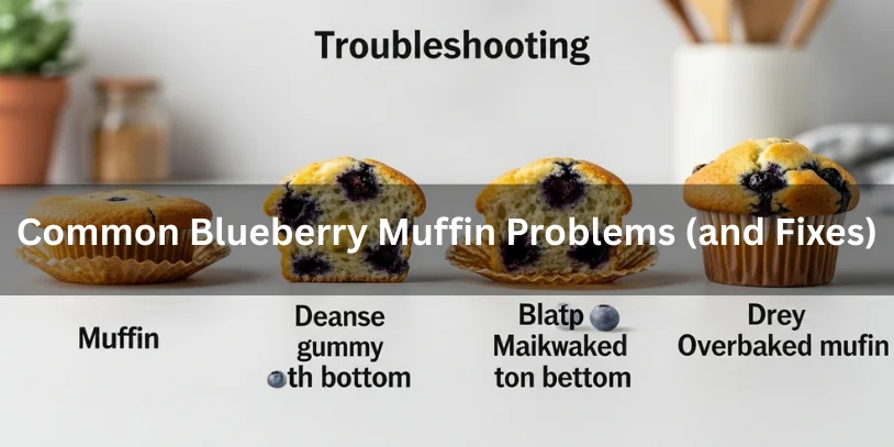 Common blueberry muffin problems including flat tops, dense crumb, sunk blueberries, and dry texture shown alongside a perfect muffin, realistic food photography for troubleshooting.-blueberry muffin recipe with sour cream 