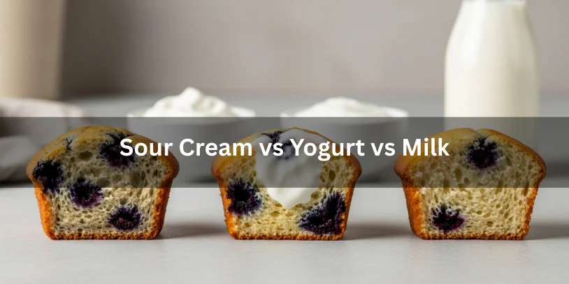 Blueberry muffins made with sour cream, yogurt, and milk shown side by side with crumb comparison, realistic food photography explaining dairy choice impact.-blueberry muffin recipe with sour cream 