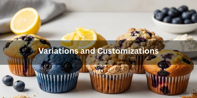 Different blueberry muffin variations including lemon blueberry, streusel-topped, whole wheat, and mixed berry muffins, realistic food photography showing customization options.-blueberry muffin recipe with sour cream 