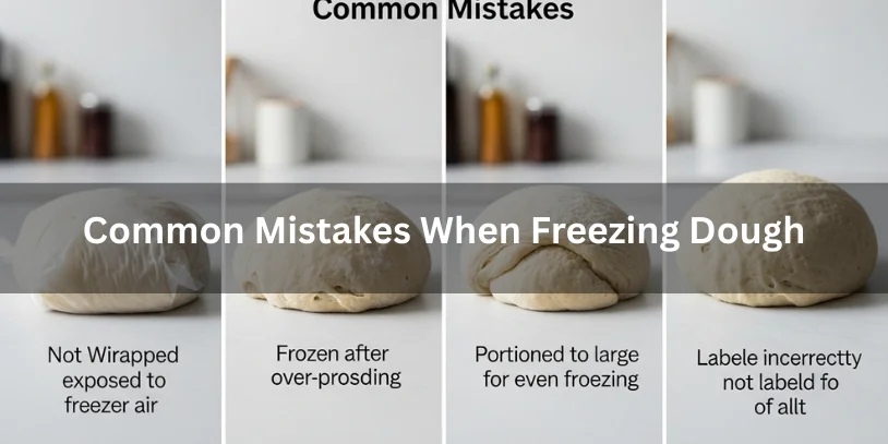 Can You Freeze Bread Dough? Complete Guide for Home & Professional Bakers In 2026 Common bread dough freezing mistakes including improper wrapping, over-proofed dough, large portions, and unlabeled dough, shown alongside a correctly frozen dough, realistic food photography.-can you freeze bread dough