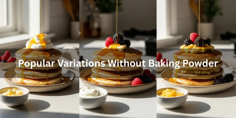 Three popular pancake variations without baking powder: whipped egg whites, yogurt/buttermilk, and banana/fruit purée, golden stacks topped with butter, syrup, and fresh berries, photographed in warm natural sunlight with detailed textures.-can you make pancakes without baking powder 