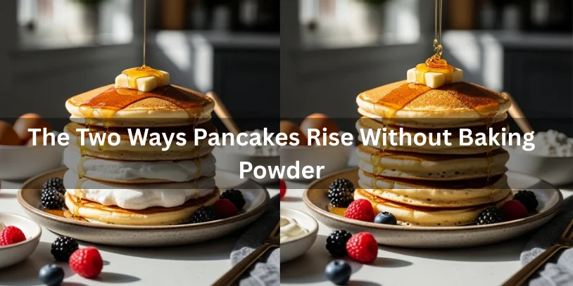Two stacks of pancakes rising without baking powder, one with whipped egg whites and one with yogurt/buttermilk, golden and fluffy with butter and syrup, photographed in warm natural sunlight with detailed textures.-can you make pancakes without baking powder 