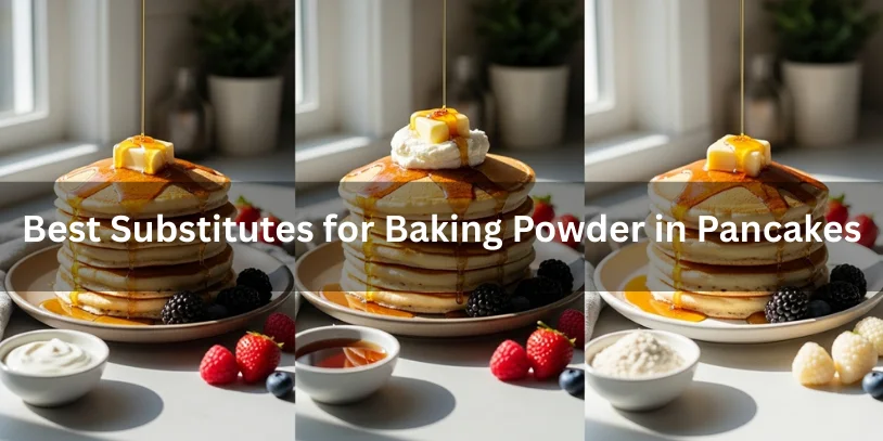Three stacks of pancakes made with baking powder substitutes—baking soda + yogurt, whipped egg whites, and self-rising flour—golden, fluffy, with butter and syrup, photographed in warm natural sunlight with detailed textures..-can you make pancakes without baking powder 