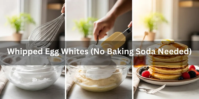 Whipped egg whites folded into pancake batter with finished stack of tall, airy pancakes topped with butter and maple syrup, photographed in warm natural sunlight with detailed textures.-can you make pancakes without baking powder 