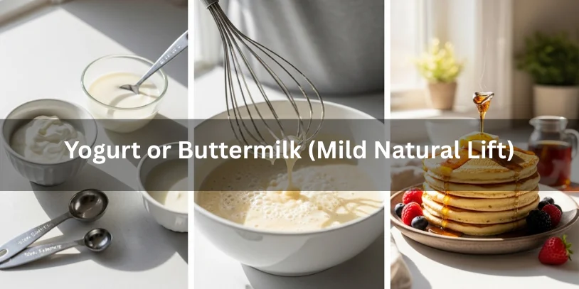 Pancakes made with yogurt or buttermilk for natural lift, showing batter preparation and finished golden stack with butter and syrup, photographed in warm natural sunlight with detailed textures.-can you make pancakes without baking powder 