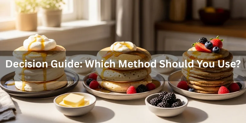 Side-by-side comparison of pancakes made with whipped egg whites, yogurt/buttermilk, and banana/fruit purée, showing differences in rise and texture, golden stacks with butter, syrup, and berries, photographed in warm natural sunlight with detailed textures.-can you make pancakes without baking powder 