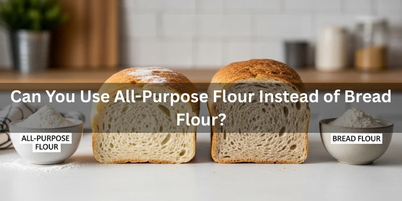 Bread flour and all-purpose flour shown side by side with baked loaves, highlighting differences in protein content, rise, and crumb texture in realistic food photography.-can you use all purpose flour instead of bread flour 