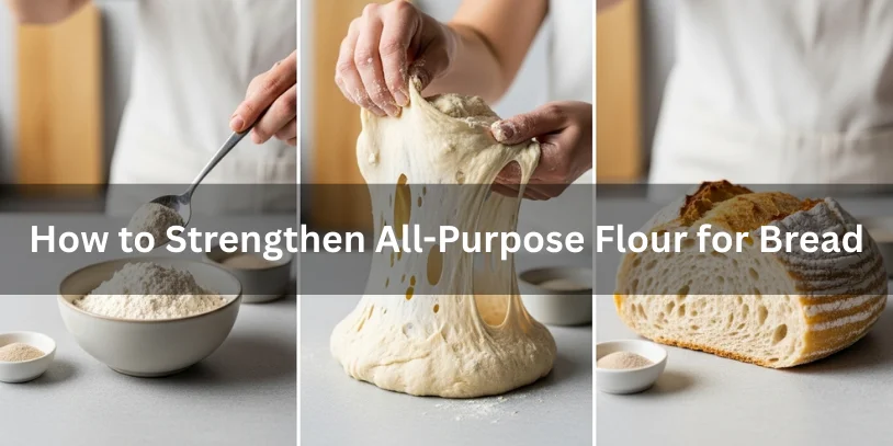 Adding vital wheat gluten to all-purpose flour, kneading dough, and baked bread with improved rise and crumb, realistic food photography showing how to strengthen all-purpose flour for bread.-can you use all purpose flour instead of bread flour 