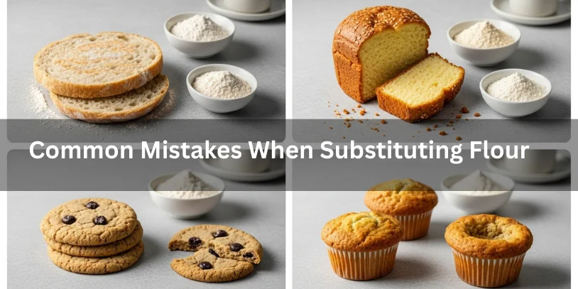 Flat bread, dense cake, spreading cookies, and sunken muffins showing common mistakes when substituting flour, realistic food photography illustrating flour substitution errors.-can you use all purpose flour instead of bread flour 