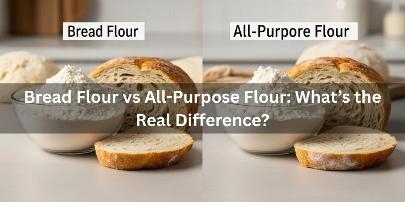Bread flour and all-purpose flour shown side by side with baked loaves, highlighting differences in protein content, rise, and crumb texture in realistic food photography.-can you use all purpose flour instead of bread flour