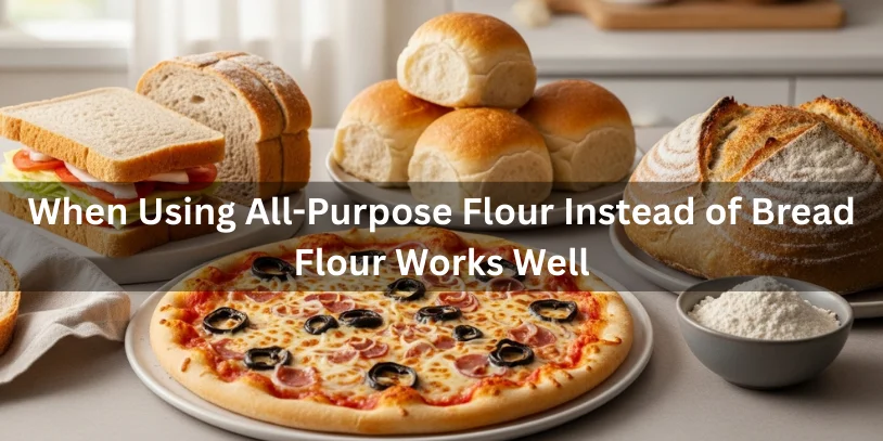 Sandwich bread, dinner rolls, pizza, and rustic bread made with all-purpose flour, realistic food photography showing when all-purpose flour works well instead of bread flour.-can you use all purpose flour instead of bread flour 