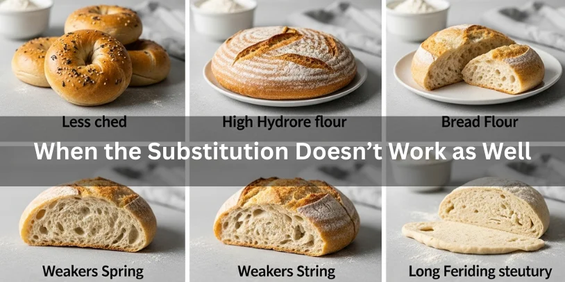 Bagels, high-hydration sourdough, and artisan breads showing weaker structure when made with all-purpose flour, realistic food photography explaining when flour substitution doesn’t work well.-can you use all purpose flour instead of bread flour 