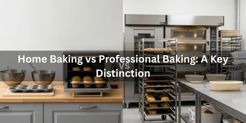 Side-by-side comparison of home kitchen baking and professional bakery setup, realistic food photography illustrating key distinctions in equipment, scale, and workflow.-can you use all purpose flour instead of bread flour 