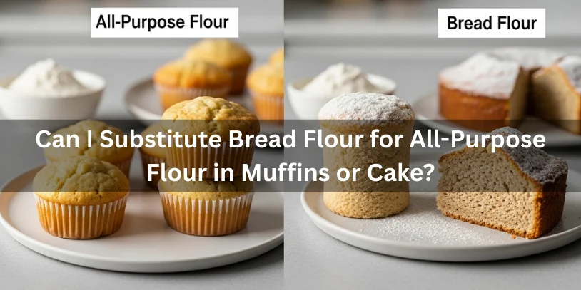 Side-by-side comparison of muffins and cake made with all-purpose flour versus bread flour, showing differences in texture, rise, and crumb, realistic food photography explaining flour substitution-can you use all purpose flour instead of bread flour 