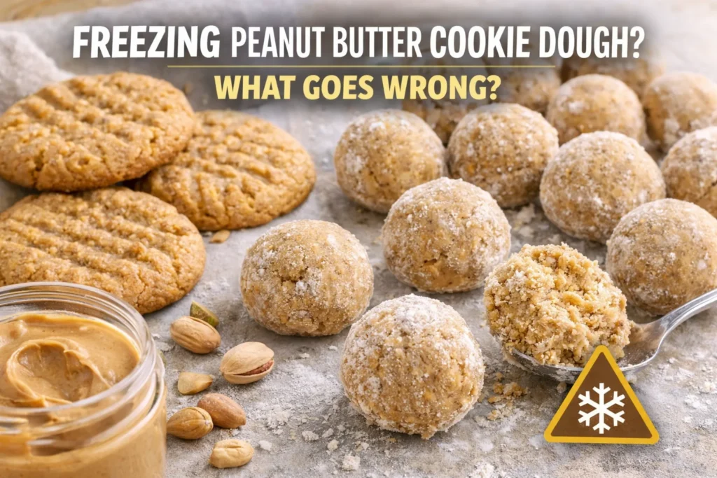 Can You Freeze Peanut Butter Cookie Dough? What Goes Wrong In 2026 A close-up of peanut butter cookie dough balls, some dusted with flour, next to baked cookies, a jar of peanut butter, and peanuts. Text asks "Freezing Peanut Butter Cookie Dough? What Goes Wrong?" The tone is curious and informative.-peanut butter cookie