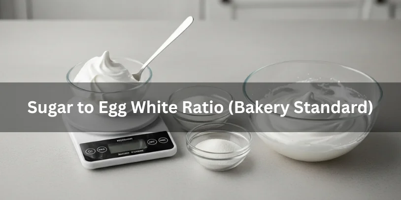 Measured sugar portions and whipped egg whites with a kitchen scale, realistic food photography explaining the bakery-standard sugar to egg white ratio for meringue.-chewy meringue cookies 