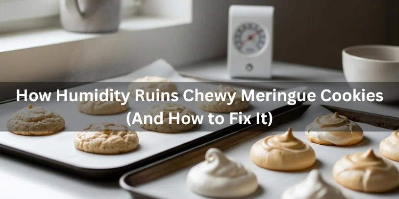 Chewy meringue cookies affected by humidity appearing sticky and dull beside properly baked glossy meringues, realistic food photography explaining how humidity ruins meringue cookies and how to fix it-chewy meringue cookies 