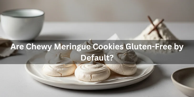Plain chewy meringue cookies on parchment paper with wheat flour crossed out in the background, realistic food photography explaining that chewy meringue cookies are gluten-free by default.-chewy meringue cookies 