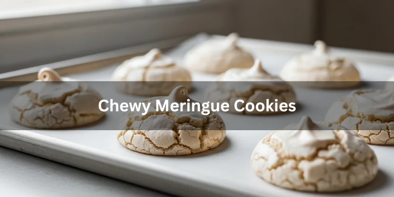 Chewy meringue cookies with cracked tops and soft centers on a baking tray, realistic food photography showing bakery-style chewy meringue cookies.-chewy meringue cookies