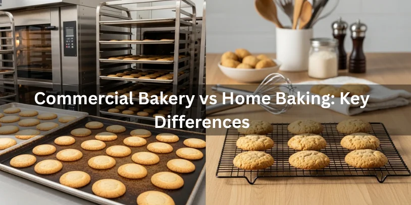 Side-by-side view of commercial bakery setup and home kitchen baking, showing key differences in cookie uniformity, texture, and tools.-cookies hard after cooling 