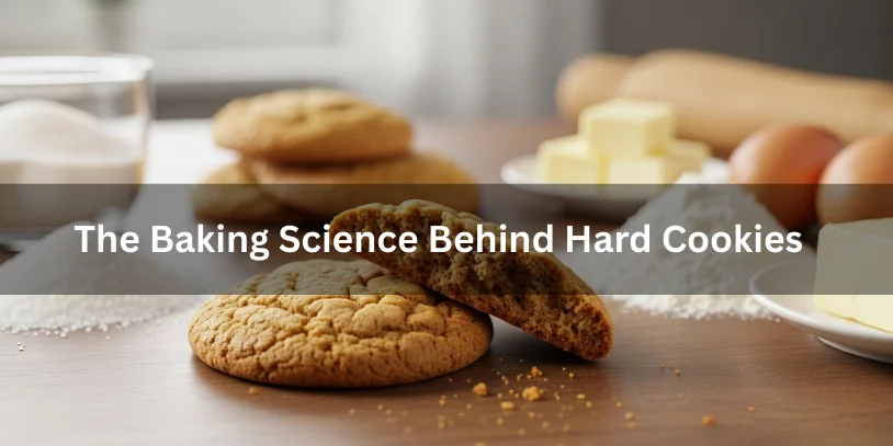 Baked cookies with one broken in half showing a firm, dry interior, surrounded by ingredients, illustrating the baking science behind hard cookies.-cookies hard after cooling 