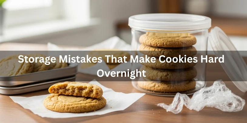 Cookies in an open container and an airtight container, with one broken open showing a hard interior, illustrating storage mistakes that make cookies hard overnight.-cookies hard after cooling 