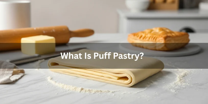 Raw puff pastry dough showing laminated butter layers with a baked flaky puff pastry in the background, realistic food photography explaining what puff pastry is.-difference between puff pastry and croissant dough 