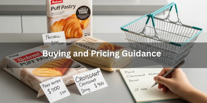 Selection of puff pastry and croissant dough with price tags and notes, realistic food photography providing buying and pricing guidance for laminated dough products.-difference between puff pastry and croissant dough 