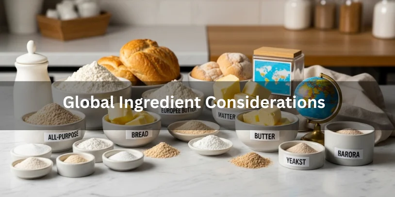 Global ingredients for puff pastry and croissant dough including different flours, European and plant-based butter, and yeast with a miniature globe, realistic food photography showing global ingredient considerations for laminated dough.-difference between puff pastry and croissant dough 