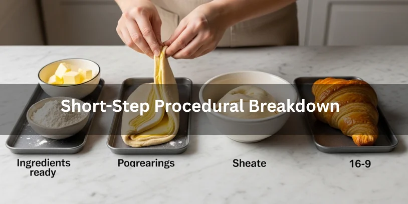 Four-step procedural breakdown of laminated dough showing ingredients, folding, proofing, and baked puff pastry/croissant, realistic food photography illustrating a short-step guide for laminated dough preparation-difference between puff pastry and croissant dough 