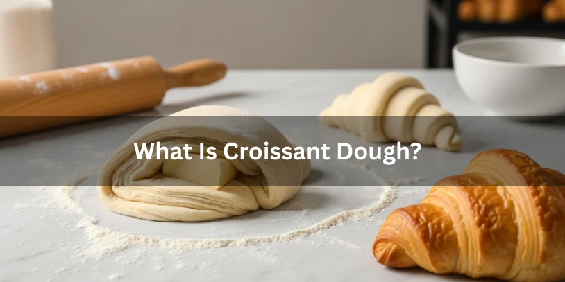 Croissant dough during lamination with butter layers and a baked golden croissant in the background, realistic food photography explaining what croissant dough is.-difference between puff pastry and croissant dough 