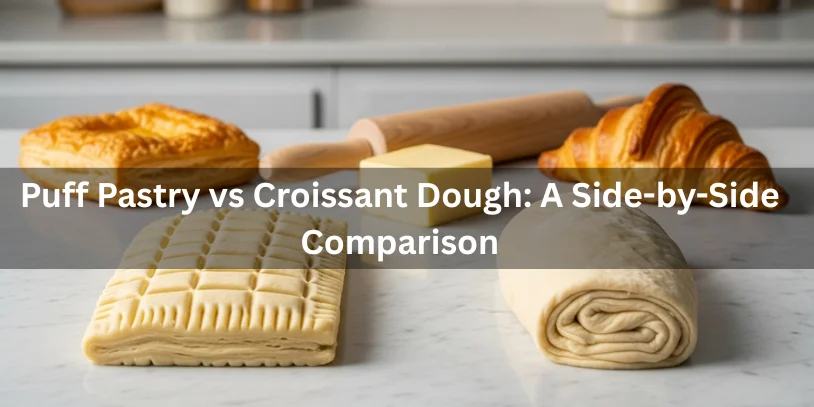 Side-by-side comparison of puff pastry dough and croissant dough showing lamination, texture, and baked results, realistic food photography explaining the difference between puff pastry and croissant dough.-difference between puff pastry and croissant dough