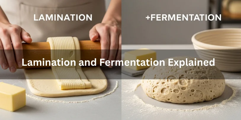 Side-by-side view of laminated dough with butter layers and fermented dough with air bubbles, realistic food photography explaining lamination and fermentation in baking.-difference between puff pastry and croissant dough