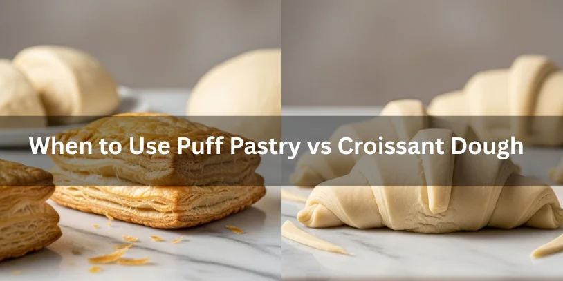Side-by-side baked examples of puff pastry and croissant dough showing when to use each, realistic food photography explaining the best uses for puff pastry versus croissant dough-difference between puff pastry and croissant dough 