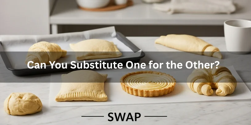 Puff pastry and croissant dough shown side by side with baked results to illustrate whether one can substitute for the other, realistic food photography explaining puff pastry vs croissant dough substitution.-difference between puff pastry and croissant dough 