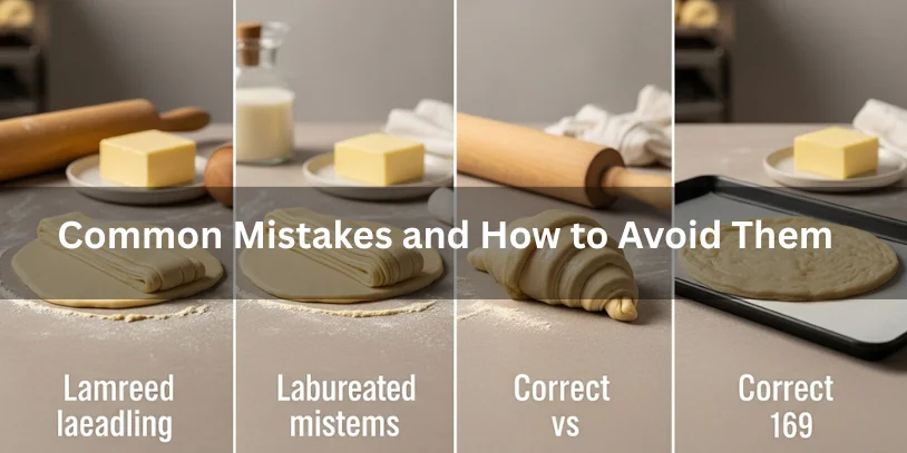 Common puff pastry and croissant dough mistakes shown alongside correct techniques, realistic food photography explaining common mistakes and how to avoid them in laminated dough-difference between puff pastry and croissant dough 