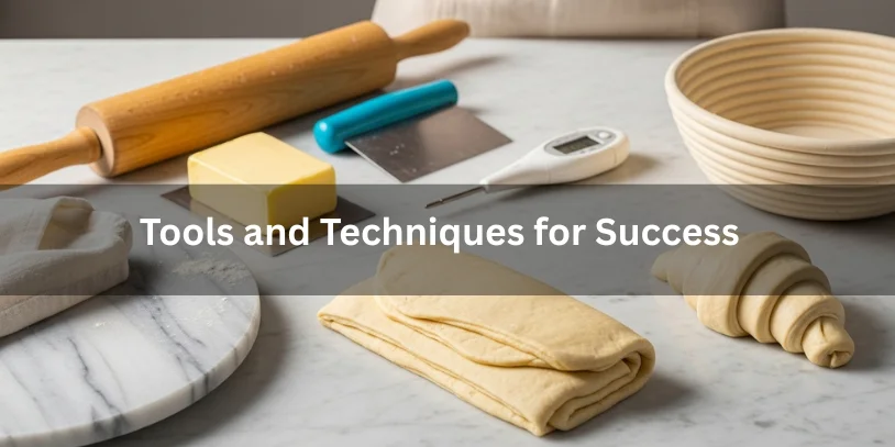 Essential tools and techniques for successful puff pastry and croissant dough, including rolling pin, butter block, thermometer, and properly laminated dough, realistic food photography-difference between puff pastry and croissant dough 