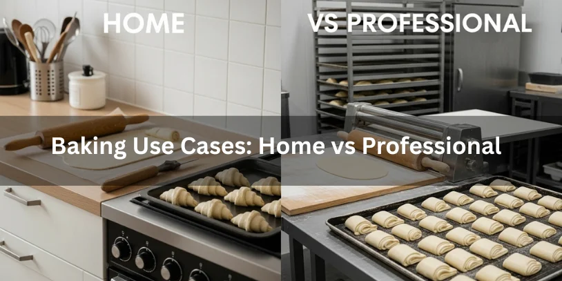 Home kitchen versus professional bakery baking setup showing different use cases for puff pastry and croissant dough, realistic food photography comparing home and professional baking environments-difference between puff pastry and croissant dough