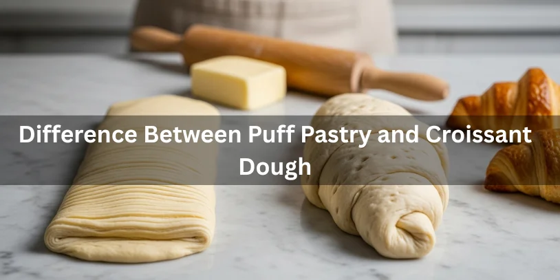 Side-by-side comparison of puff pastry dough and croissant dough showing lamination differences, realistic food photography explaining the difference between puff pastry and croissant dough.-difference between puff pastry and croissant dough