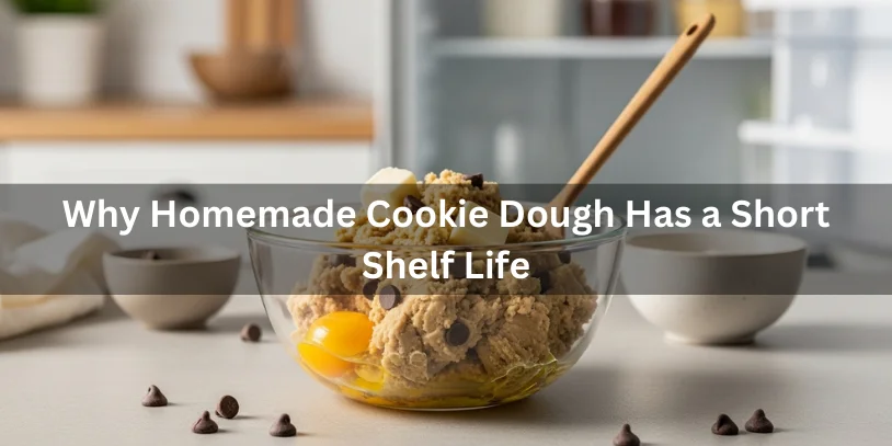 Homemade cookie dough with raw ingredients like eggs and butter in a glass bowl, illustrating why homemade cookie dough has a short shelf life under refrigeration.-how long does homemade cookie dough last in the fridge 