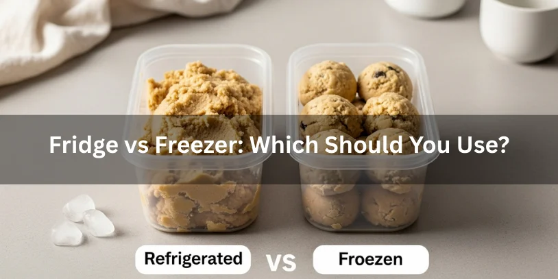 Side-by-side comparison of cookie dough stored in the fridge versus the freezer, showing differences in texture and firmness under soft natural lighting.-how long does homemade cookie dough last in the fridge 
