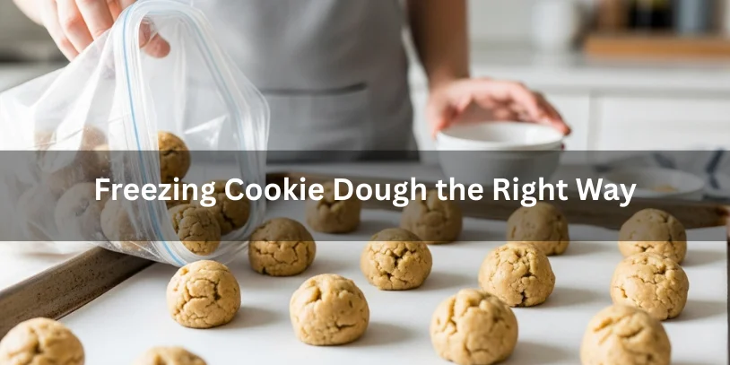 Homemade cookie dough portioned into balls, with some in an airtight freezer-safe container, showing the proper way to freeze cookie dough under soft natural lighting.-how long does homemade cookie dough last in the fridge 