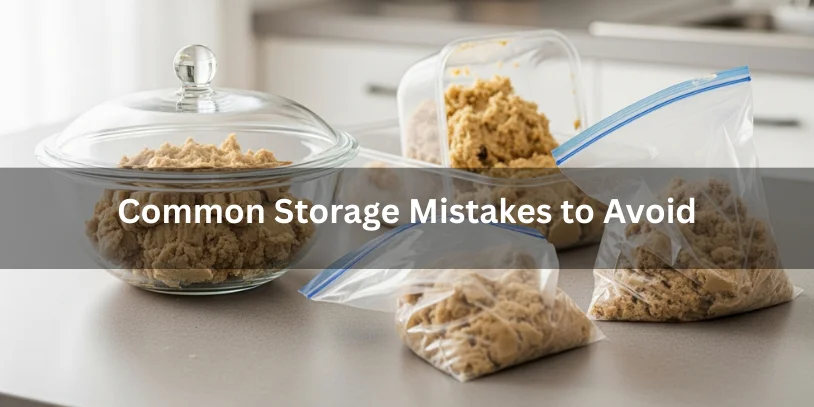 Cookie dough left uncovered in a glass bowl and in improperly sealed bags, illustrating common storage mistakes under soft natural lighting.-how long does homemade cookie dough last in the fridge 